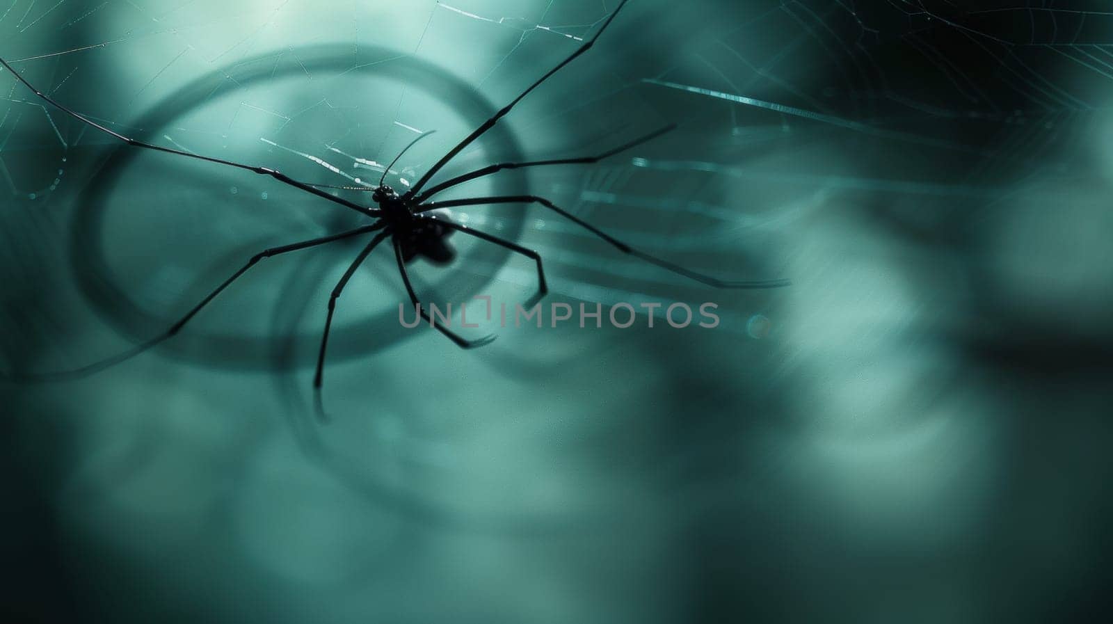 A spider is sitting in a web with its legs crossed