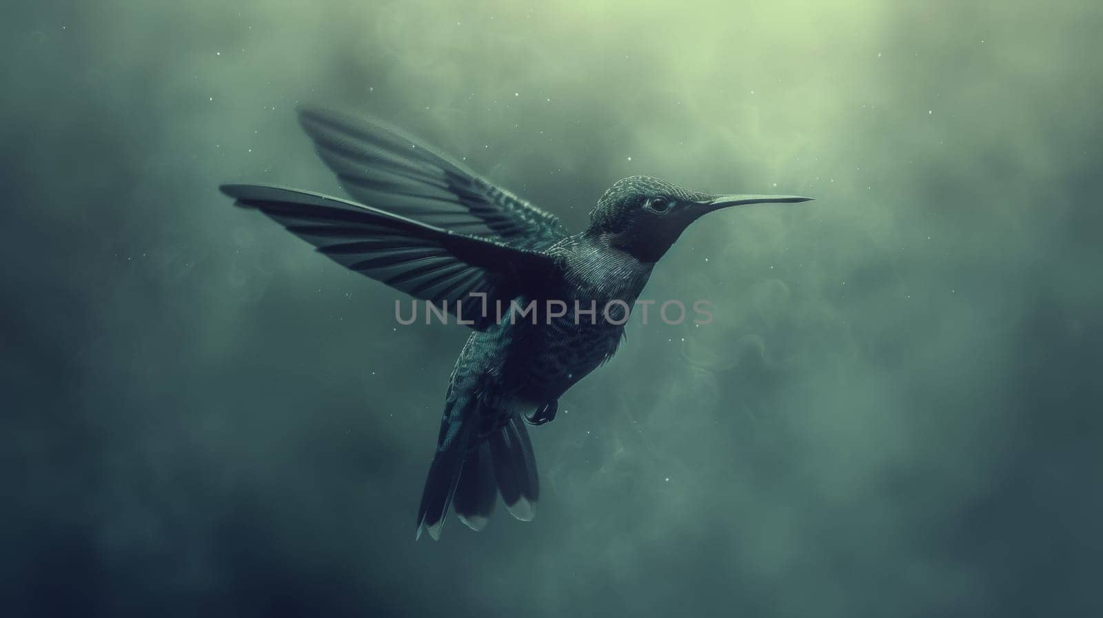 A hummingbird flying in the air with a green background