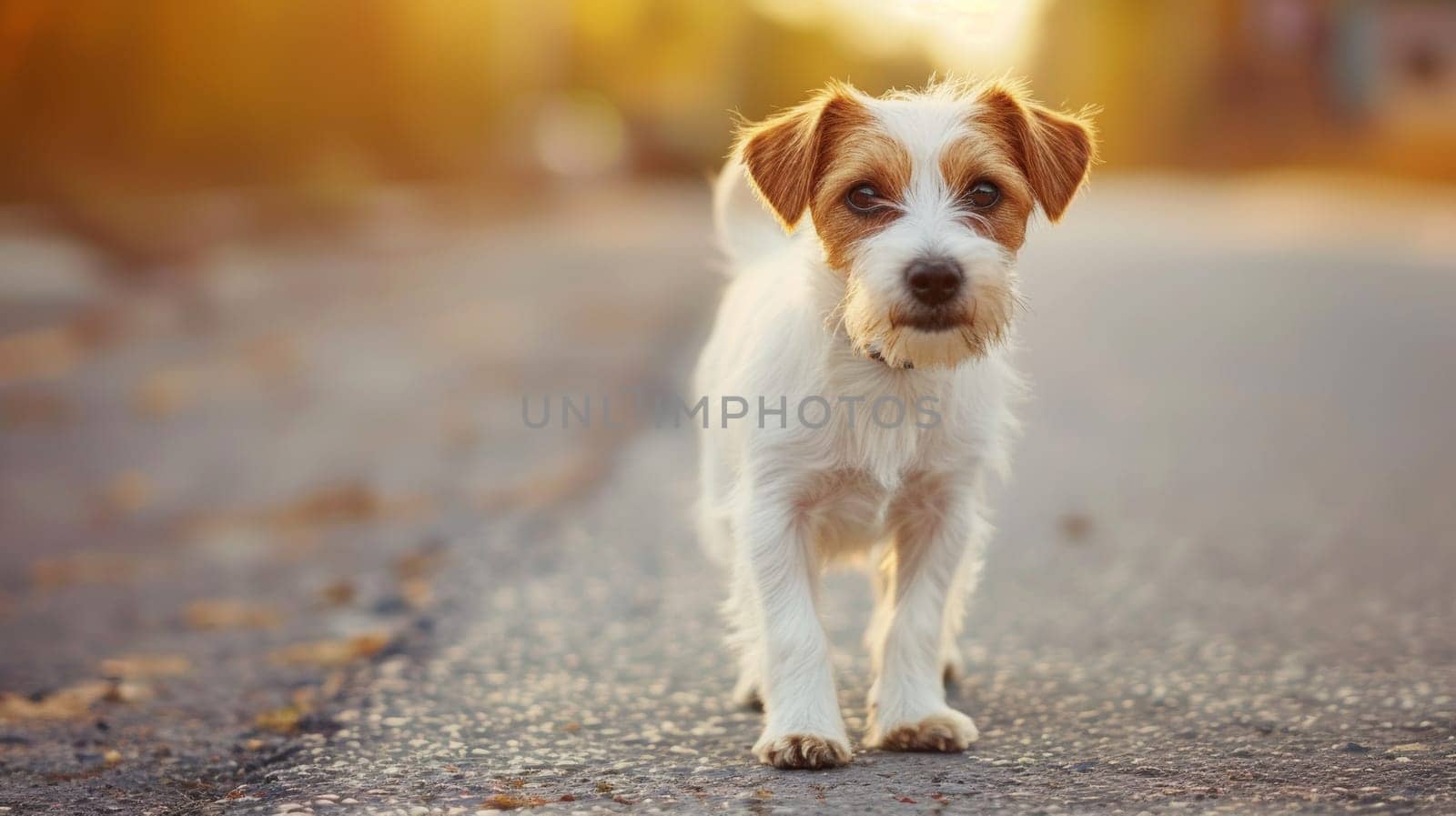 A small dog walking on a road with sunlight shining down