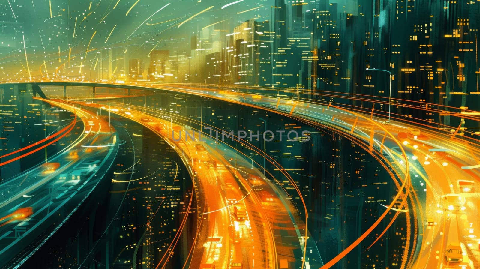 A cityscape with a highway and buildings in the background