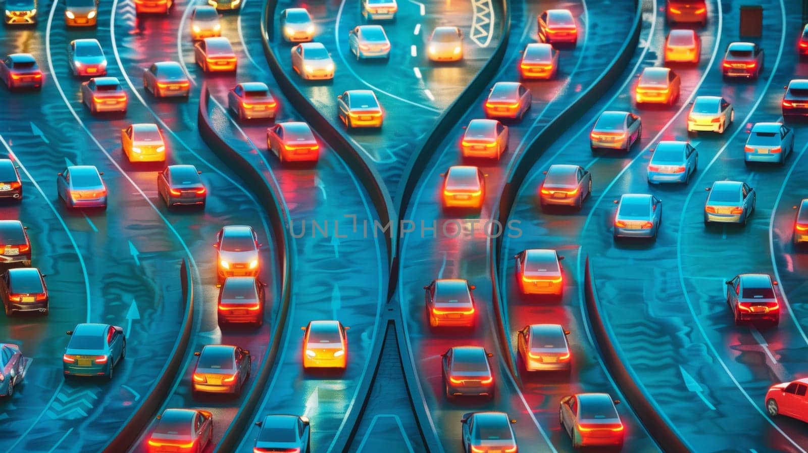 A bunch of cars are driving down a highway at night