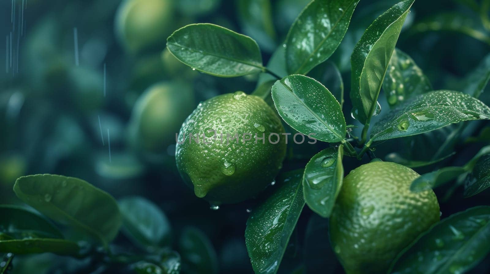 A close up of a green tree with water drops on it