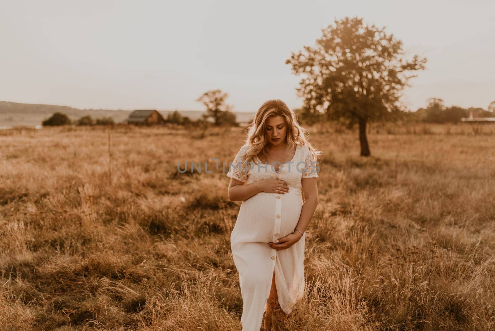 Caucasian pregnant young blonde woman in cotton white linen dress stand walking meadow on dry grass in summer at sunset nature. mother-to-be holds her hands on big round belly. tree in sunbeam