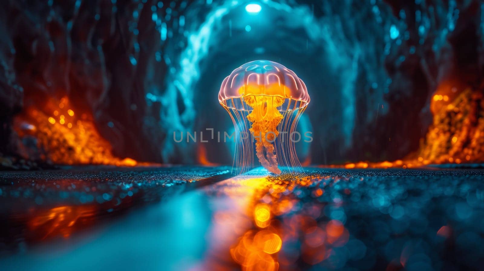 A jellyfish is seen in a tunnel with light coming from it