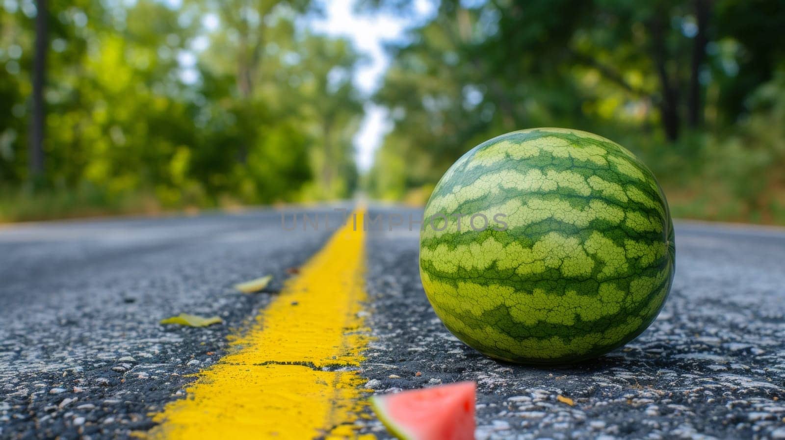 A watermelon sitting on the side of a road with one half eaten