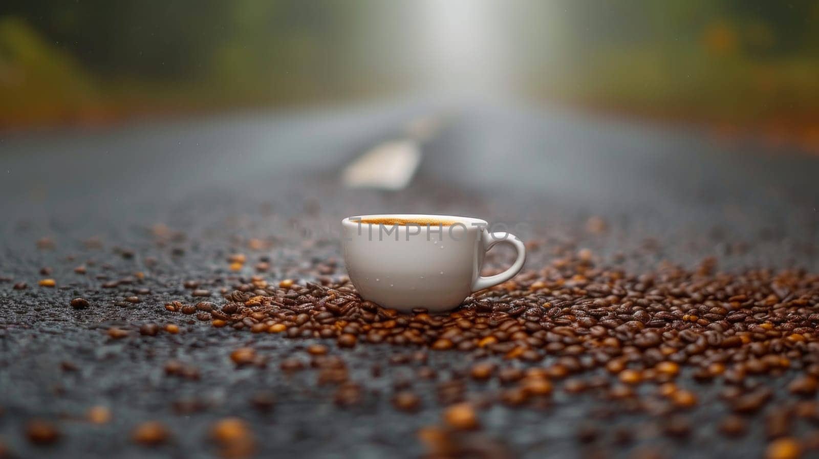 A cup of coffee sitting on the road surrounded by beans