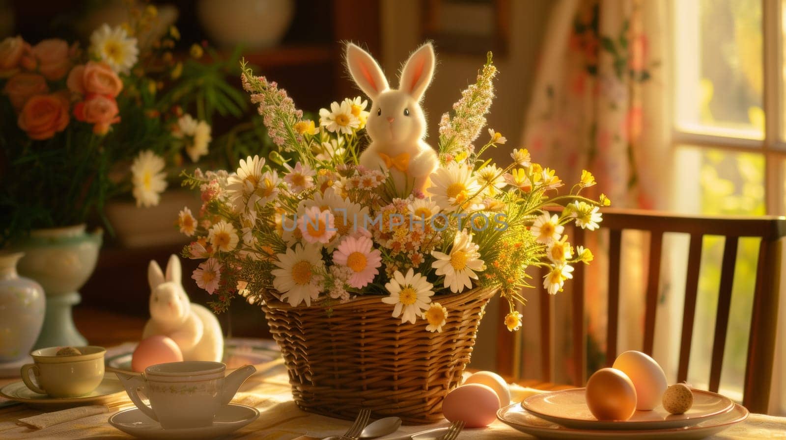 A basket with a rabbit sitting in it on top of the table