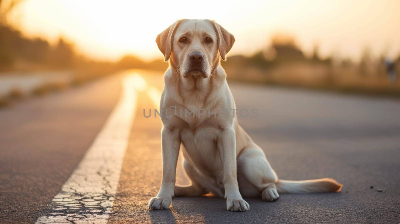 A dog sitting on the side of a road at sunset