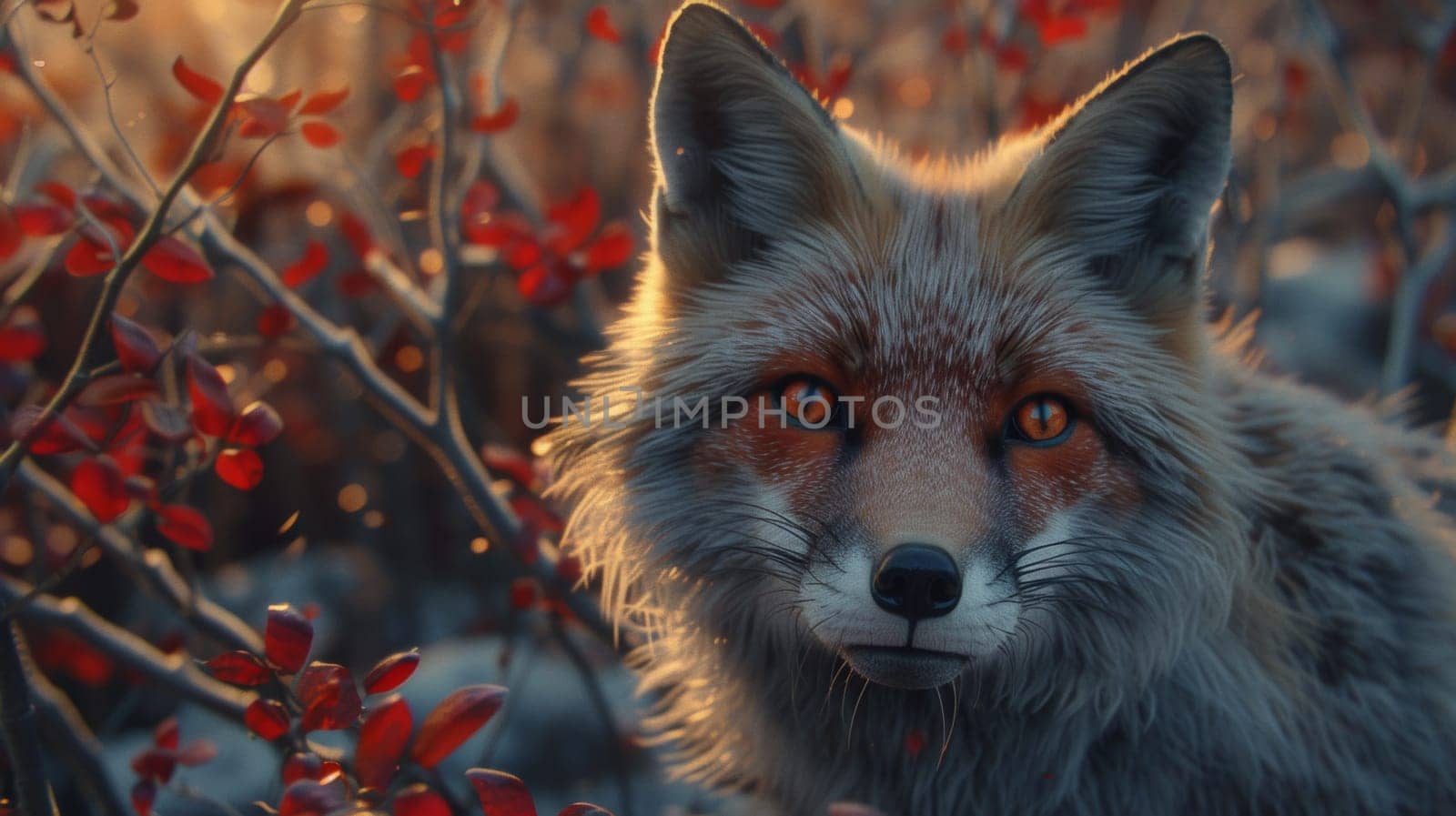 A close up of a fox with red eyes in the woods