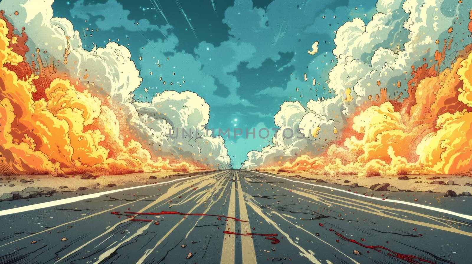 An illustration of a road with fire coming out from it
