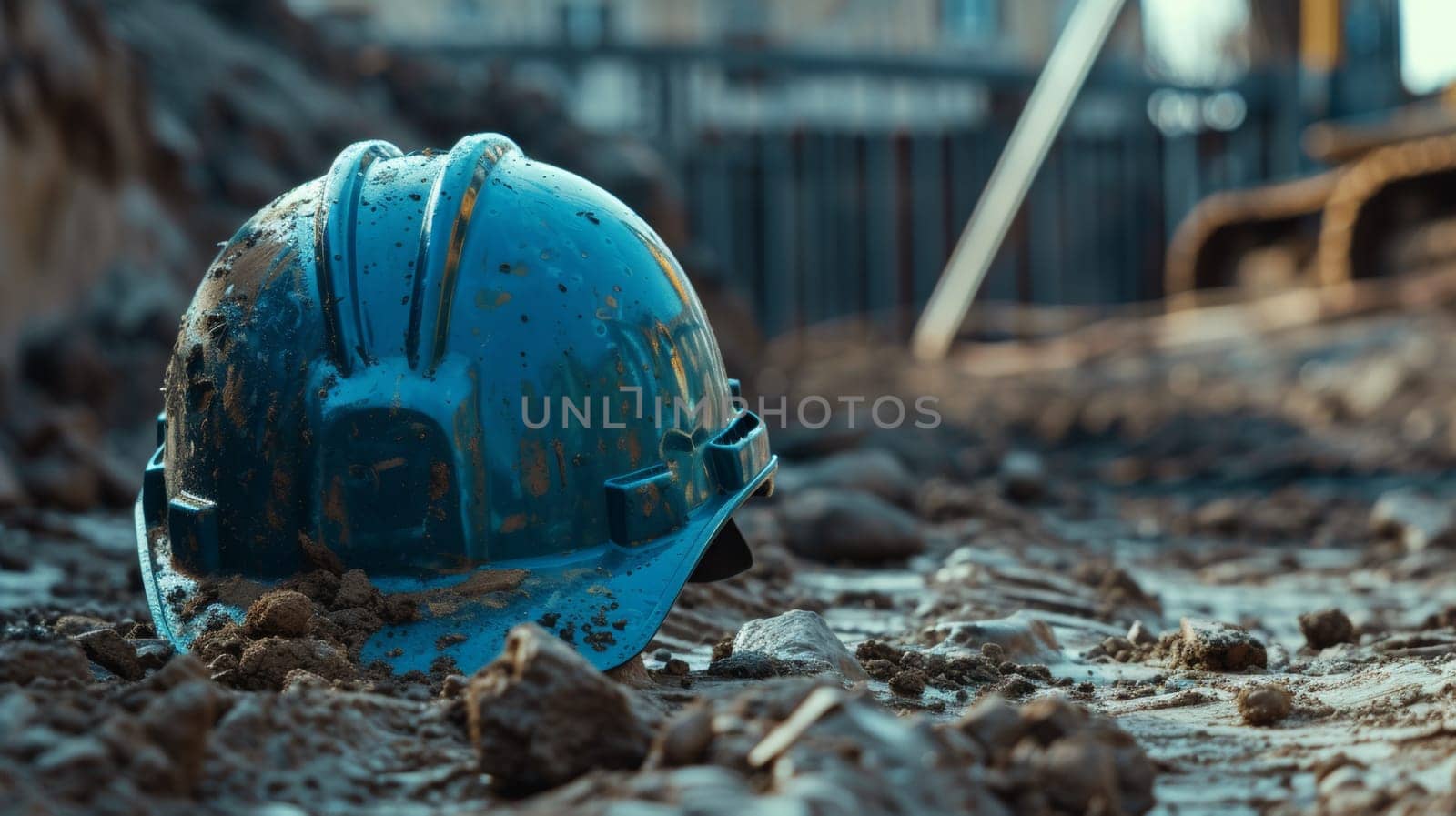 A blue hard hat laying in the mud next to a building