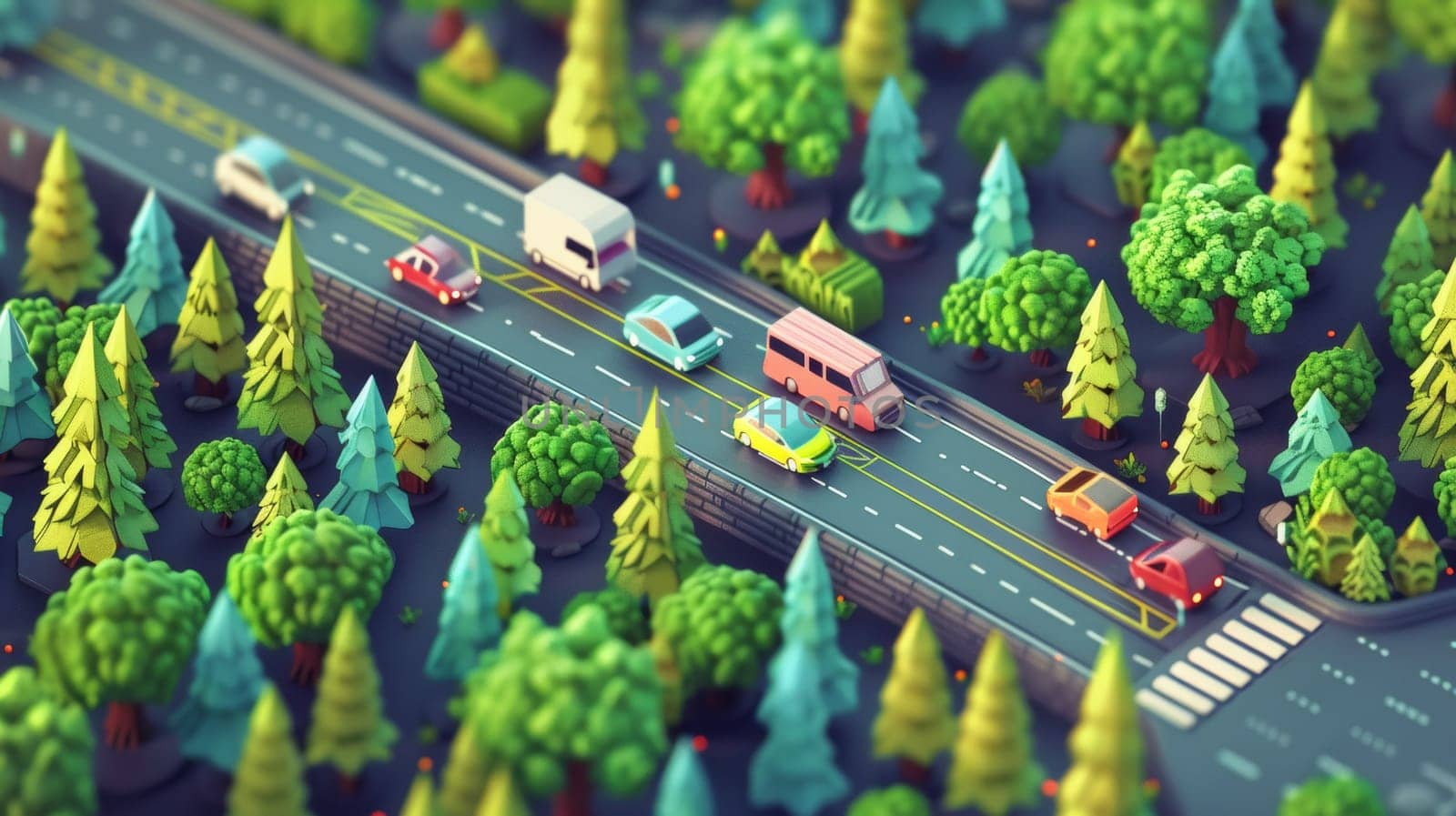 A 3d model of a road with trees and cars