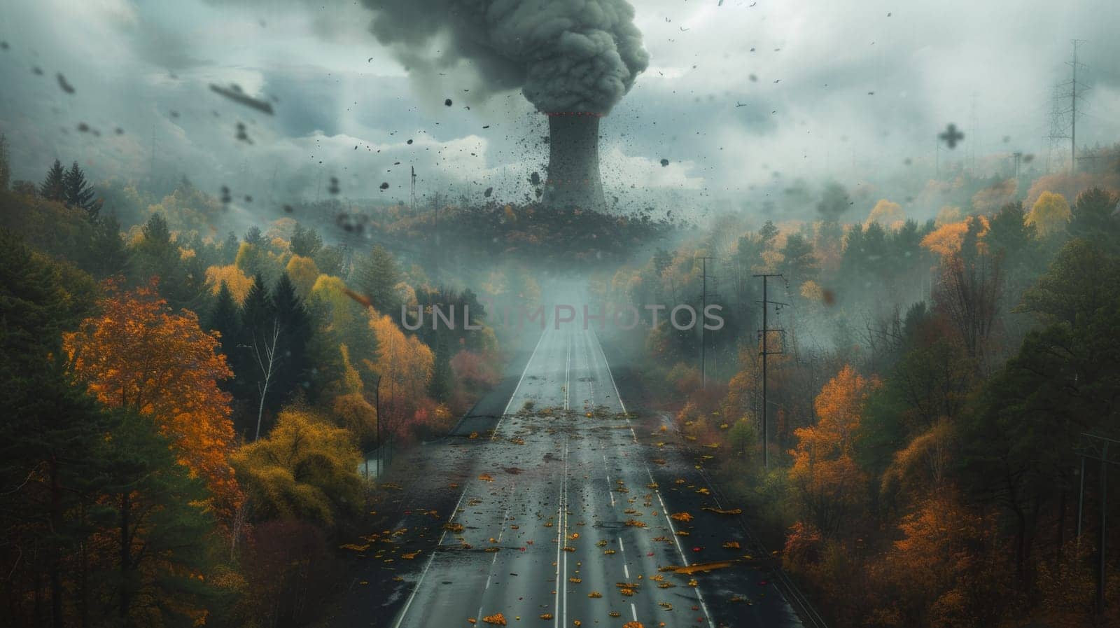 A road with trees and smoke coming out of a factory