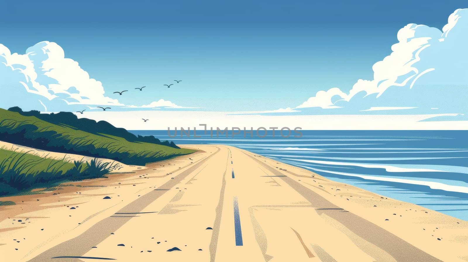 A cartoon drawing of a road leading to the ocean