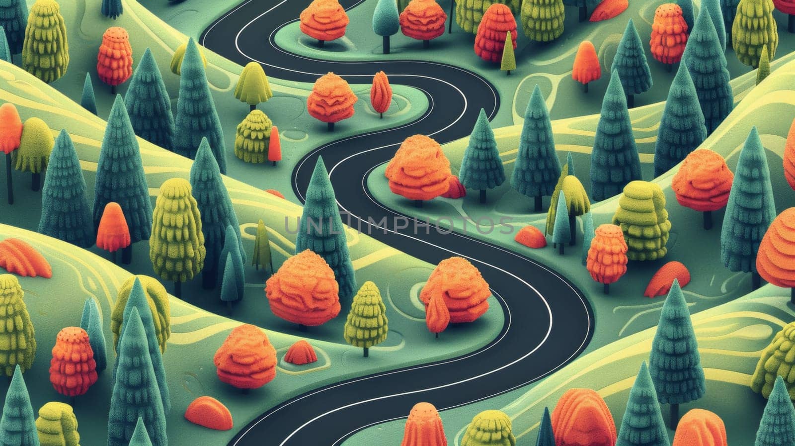 A 3d illustration of a winding road through the forest