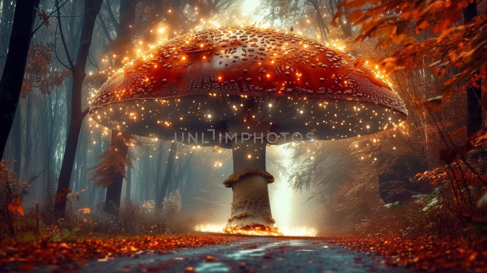 A large mushroom with lights shining on it in the woods