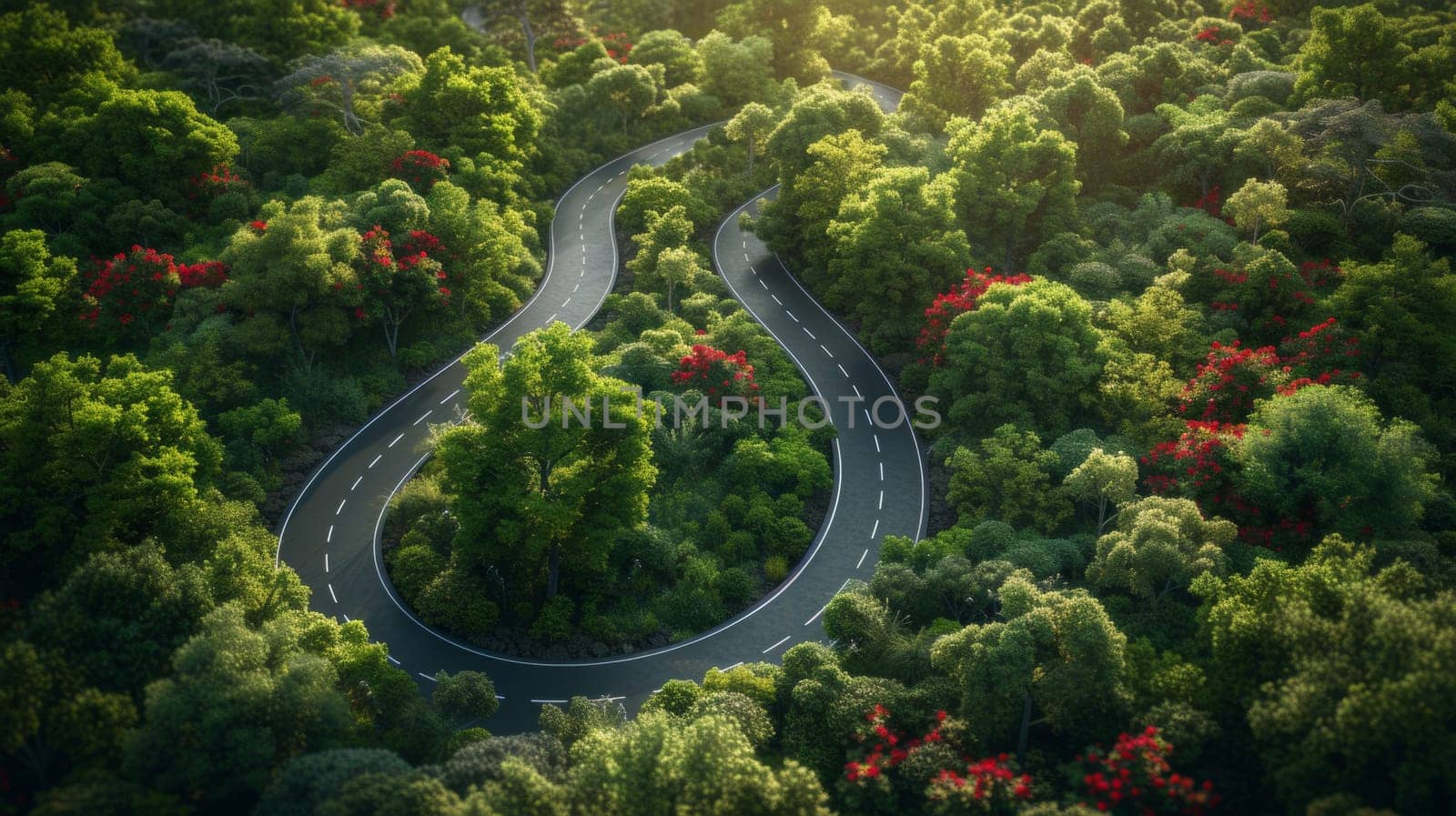 A winding road through a lush green forest