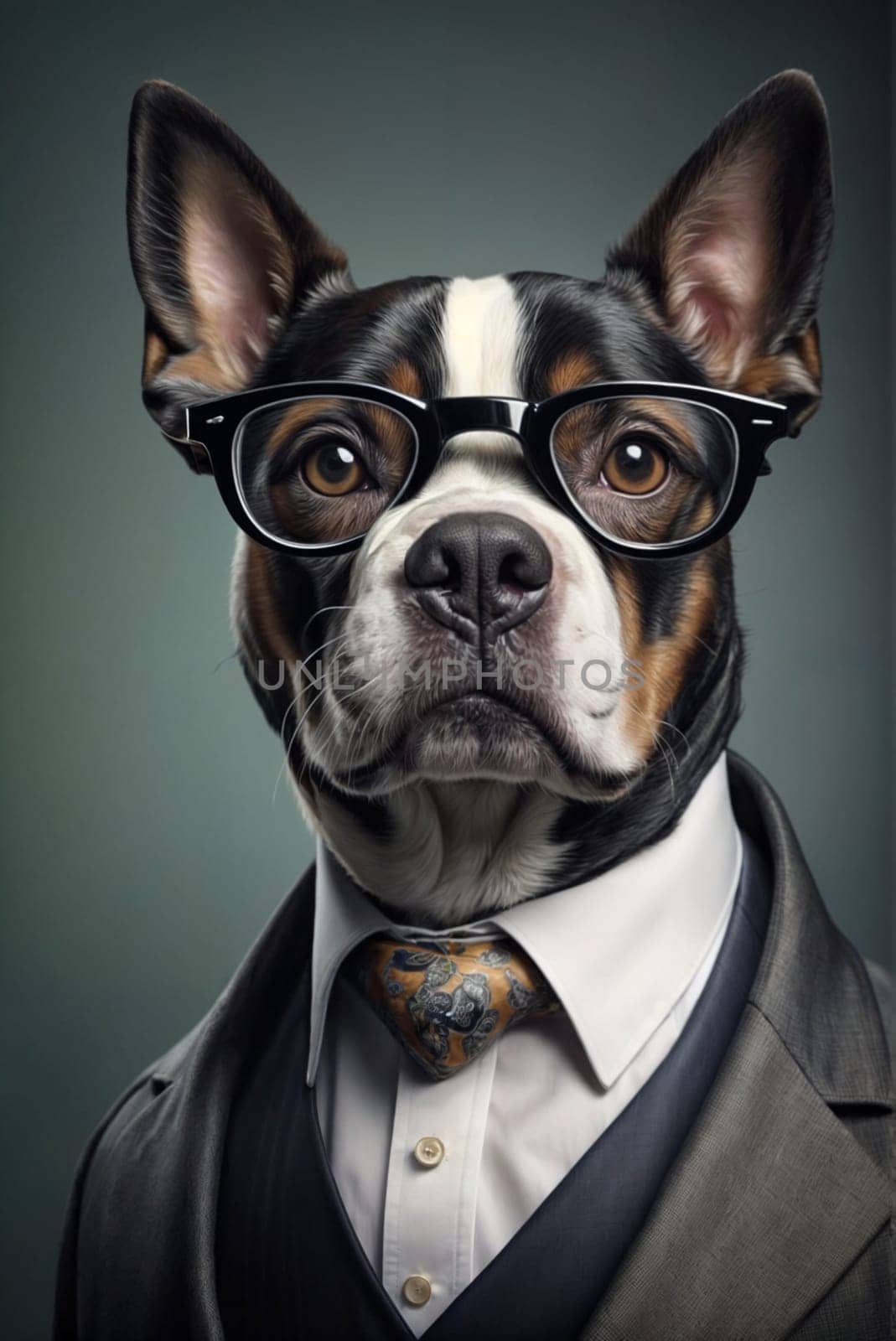 Anthropomorphic dog portrait, dressed in formal suit, wear glasses, standing upright, funny card by verbano