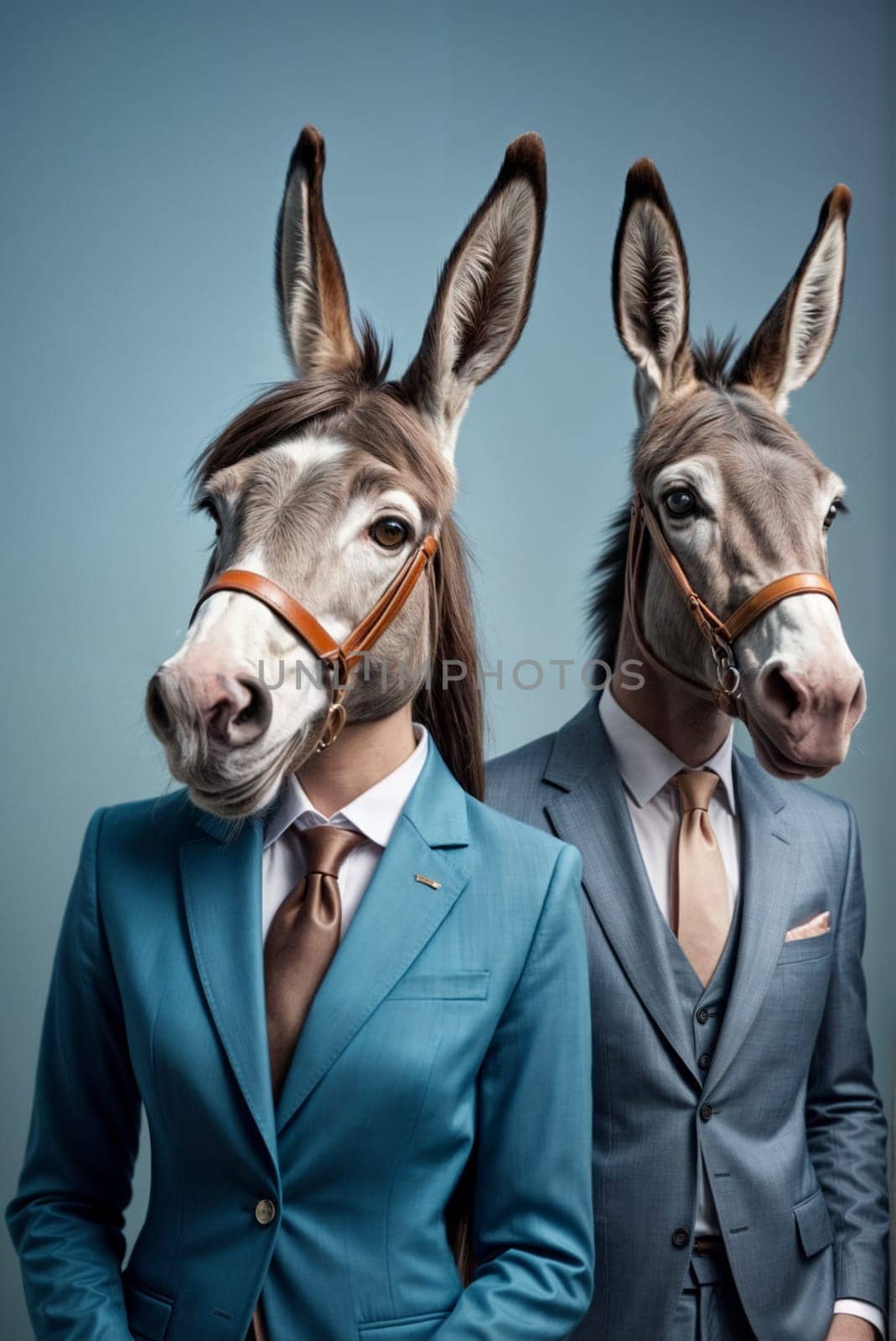 Two anthropomorphic confident donkeys are dressed in formal attire, wearing suits and ties. They are standing next to each other, their expressions appearing calm and stoic. AI generated
