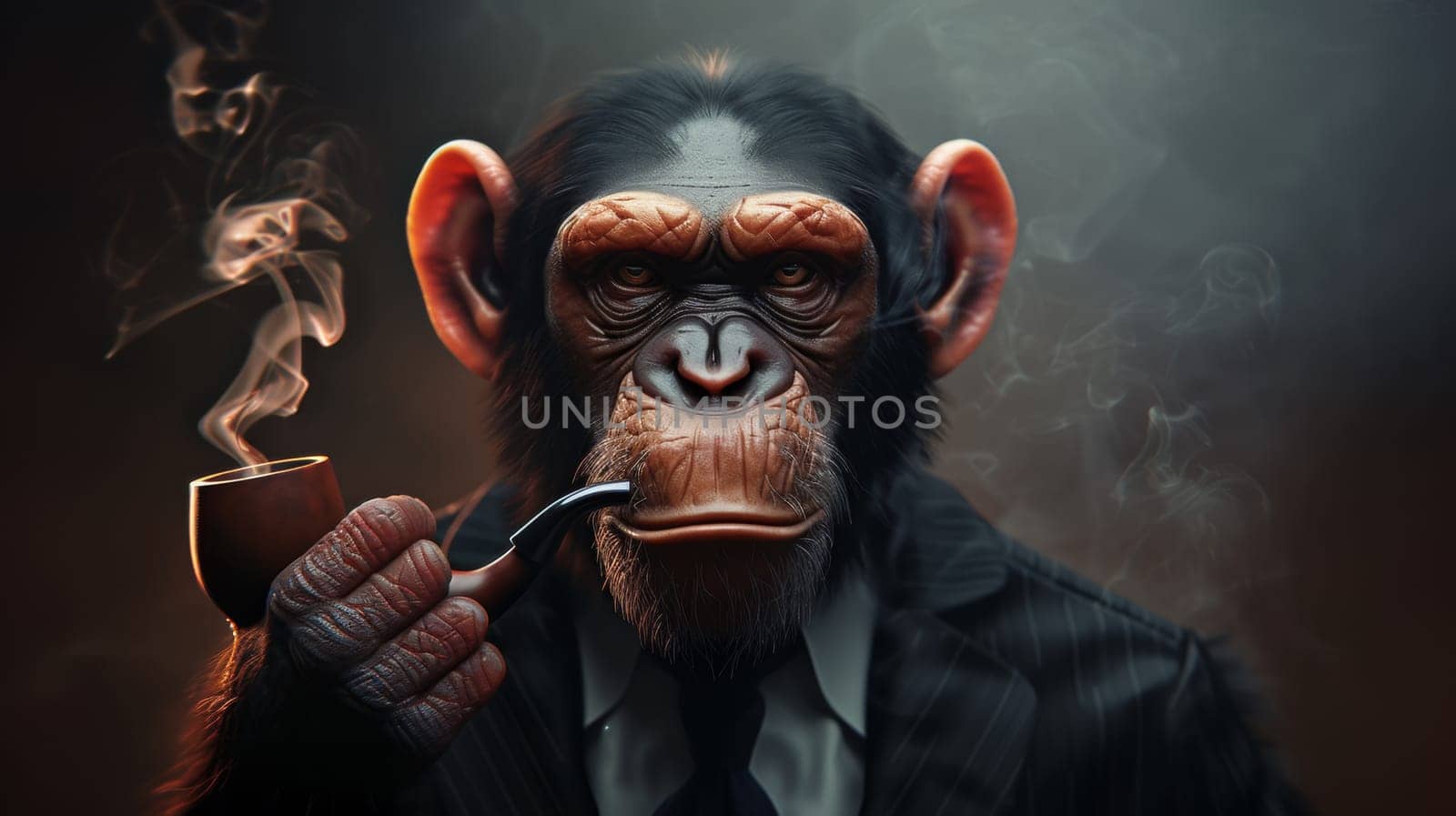 A monkey in a suit smoking and holding his pipe