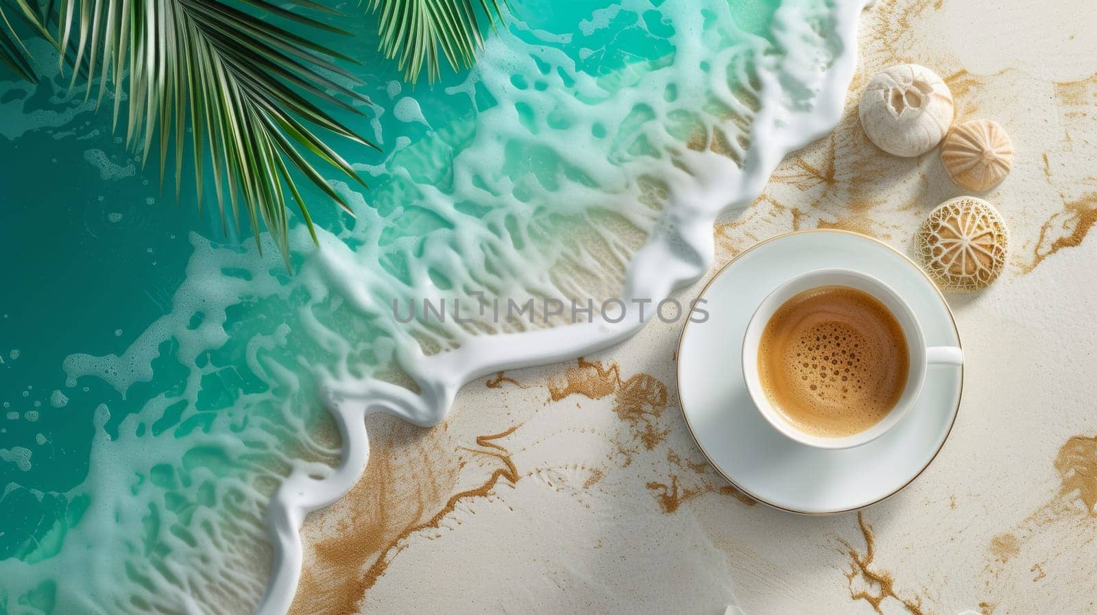 A cup of coffee on a marble table next to the ocean
