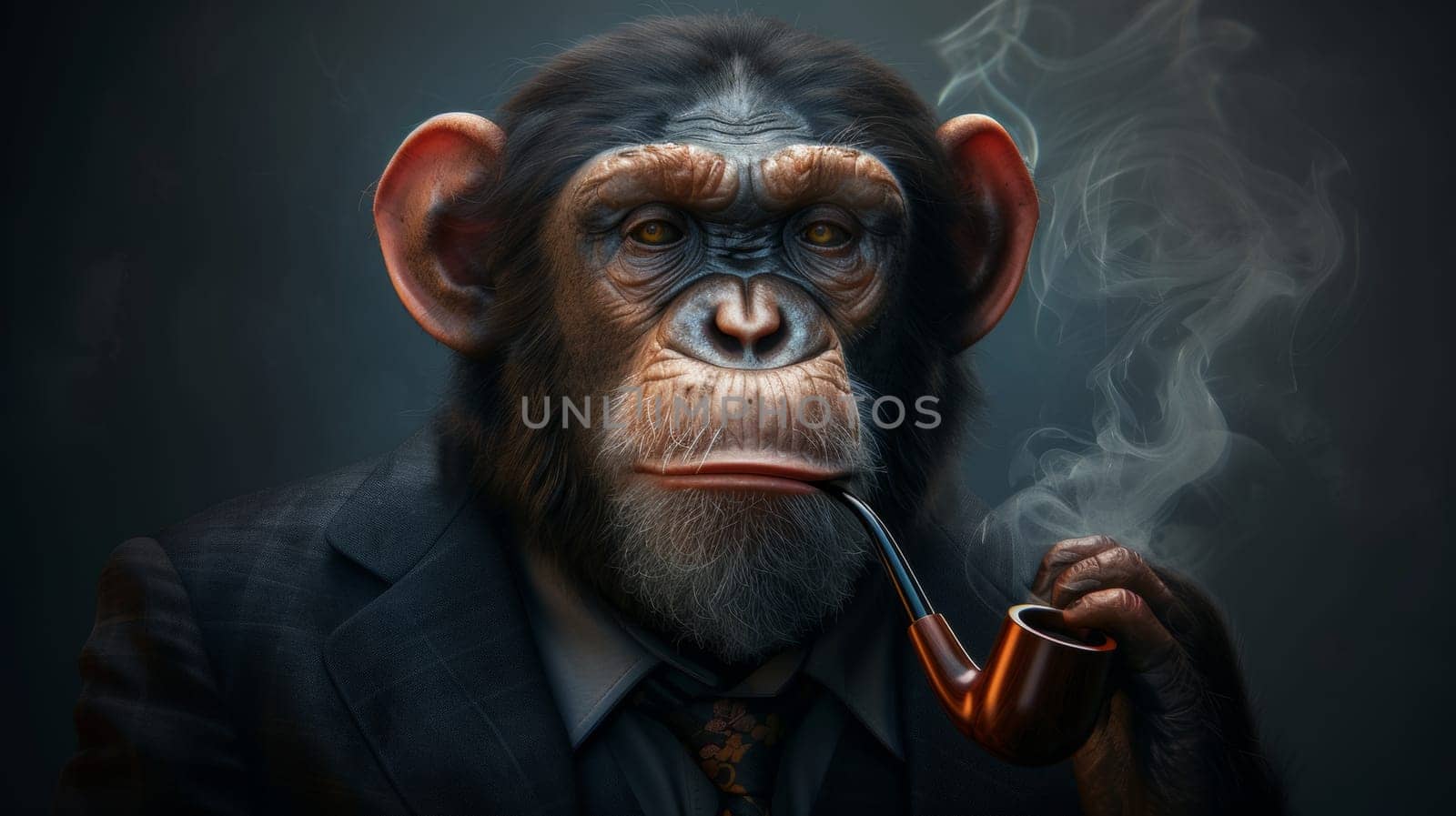 A monkey with a pipe smoking and wearing a suit