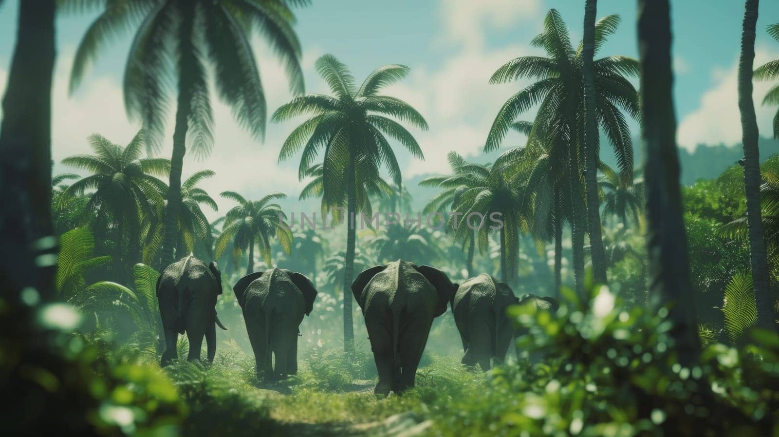 A group of elephants walking through a jungle with palm trees