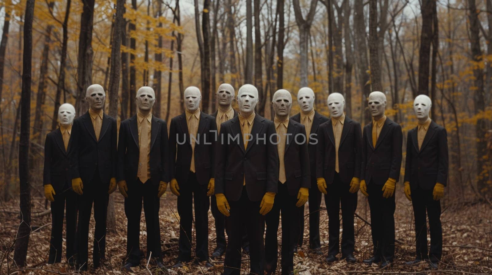 A group of men in suits and masks standing together