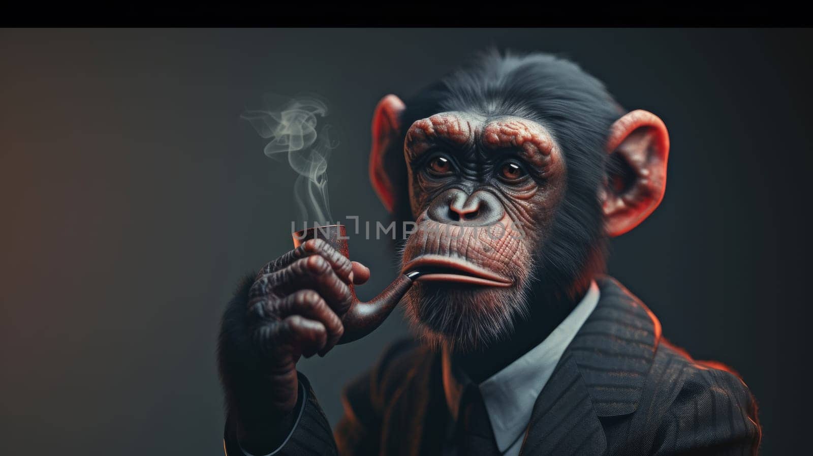 A monkey in a suit smoking and holding his pipe