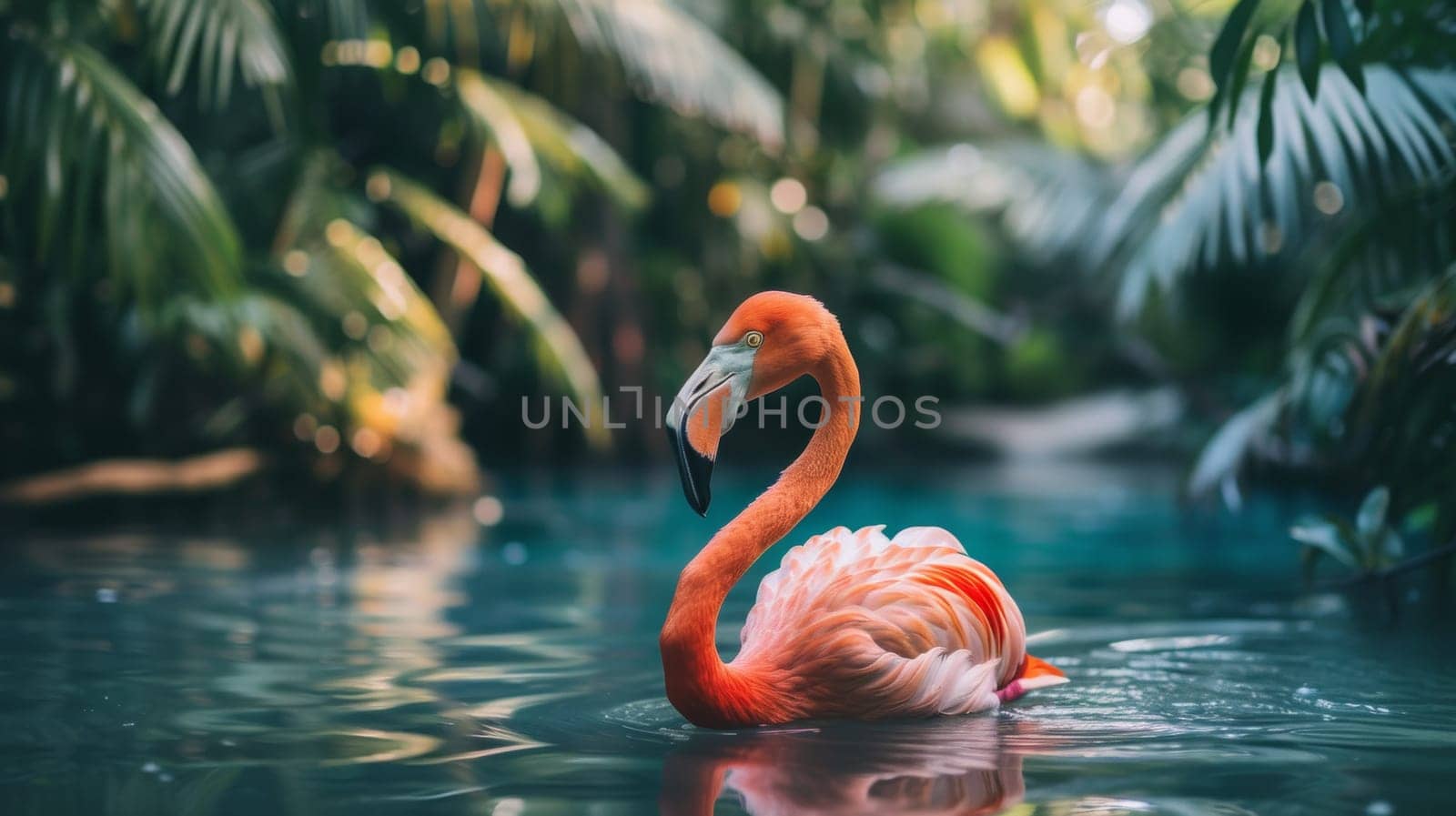 A flamingo swimming in a lake surrounded by trees and plants