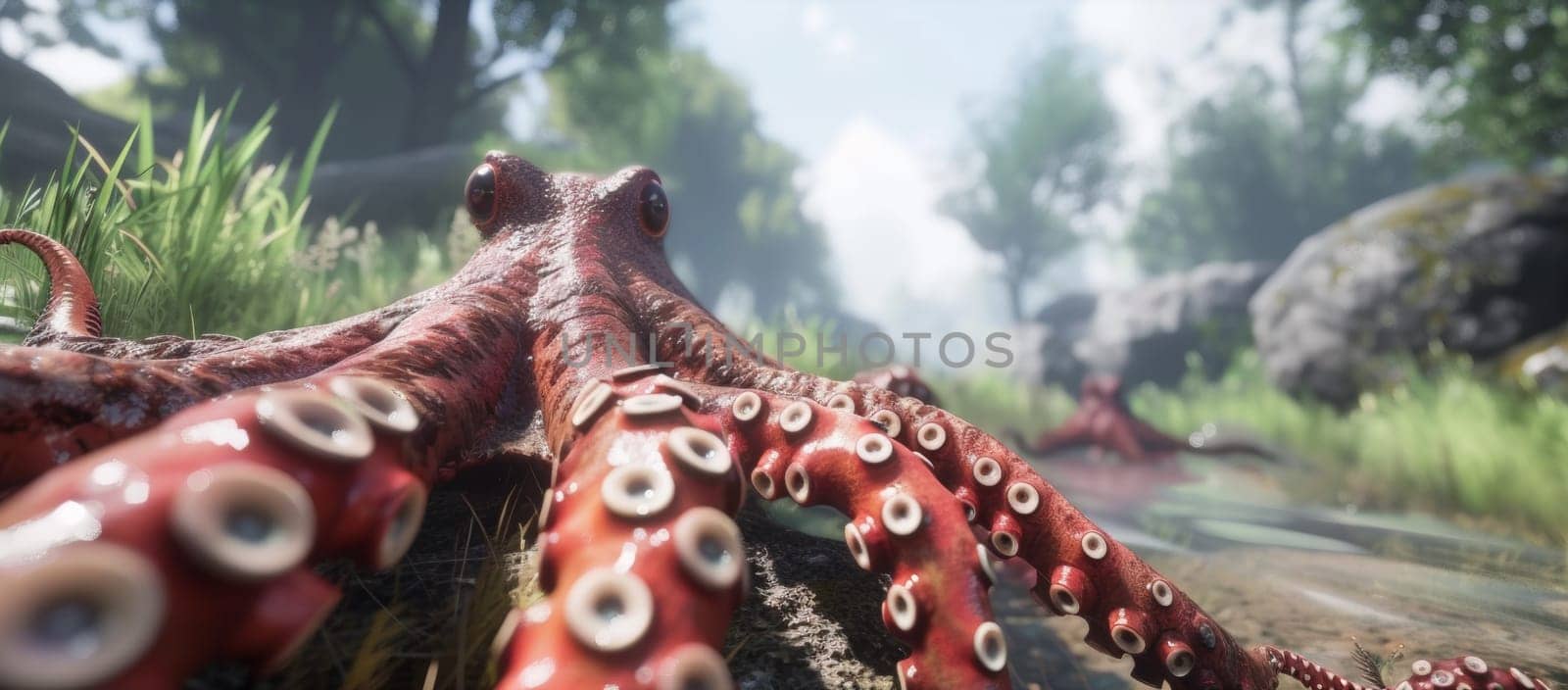 A close up of an octopus with many tentacles on the ground, AI by starush