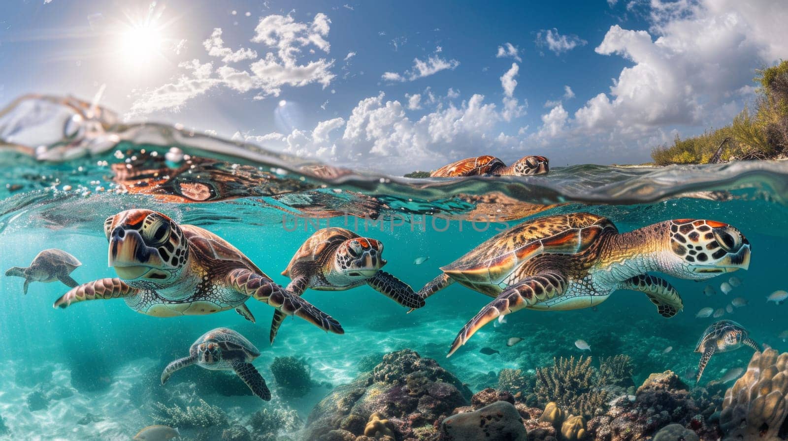 A group of turtles swimming in the ocean near coral reefs
