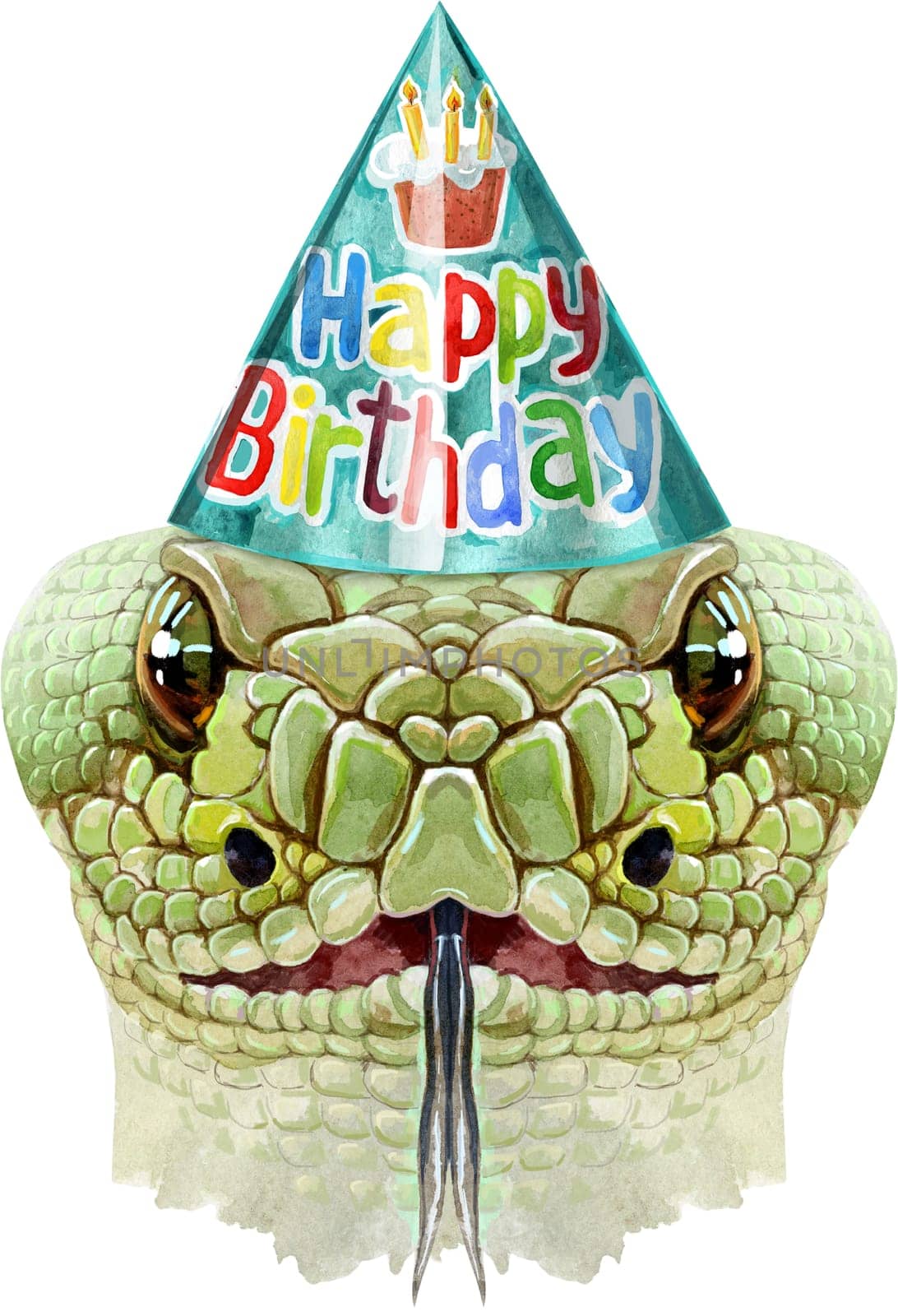Snake head in party hat. Green reptile watercolor illustration.