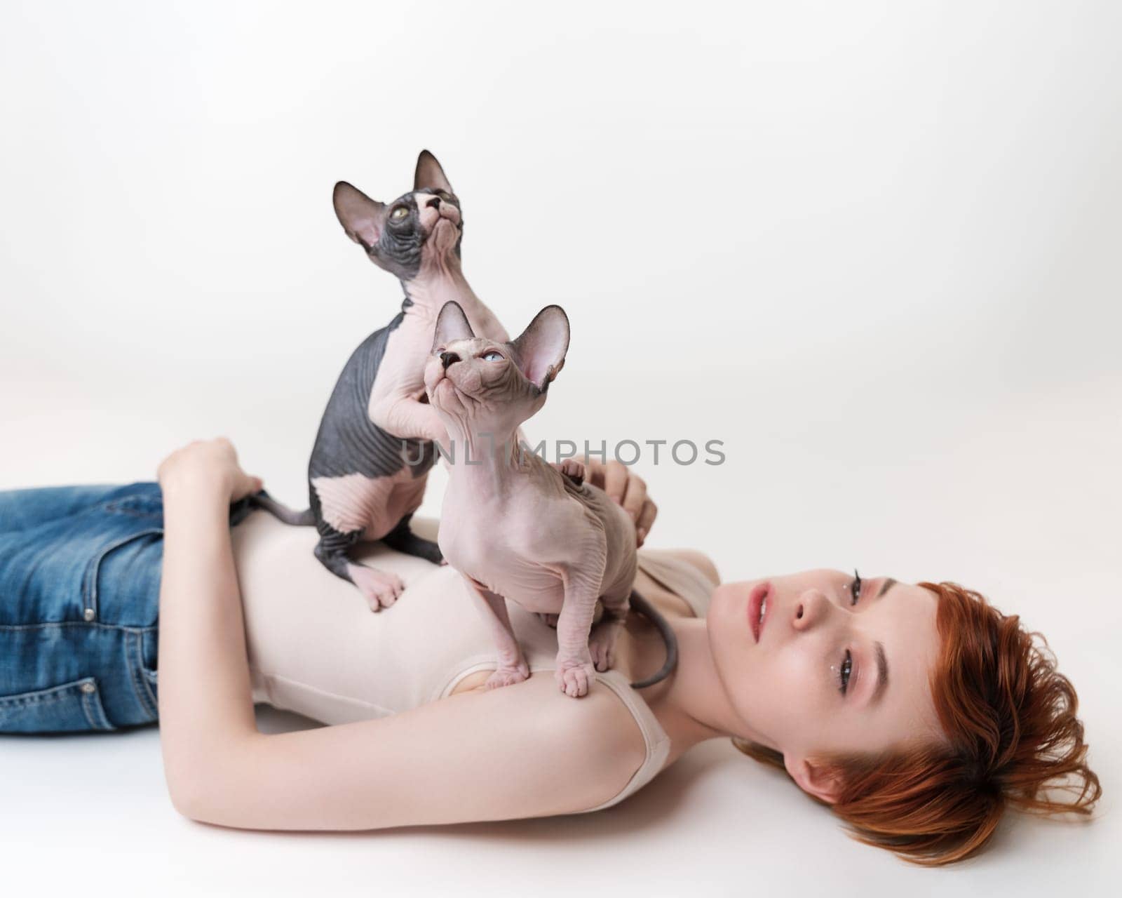 Two thoroughbred kittens looking up, sitting on redhead young woman lying on her back on white background. Pretty woman with short hair wearing T-shirt and blue jeans. Part of series. Selective focus
