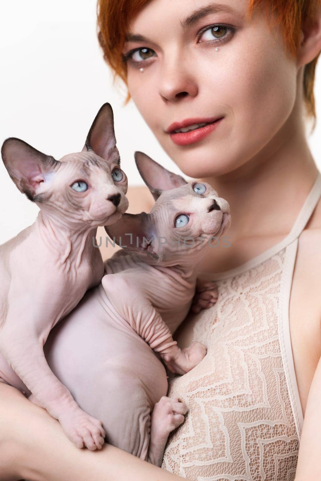 Cute redhead young woman gently hugging two domestic Sphynx Cat to her chest and looking at camera. Selective focus on friendly hairless kittens. Studio shot on white background. Part of series.