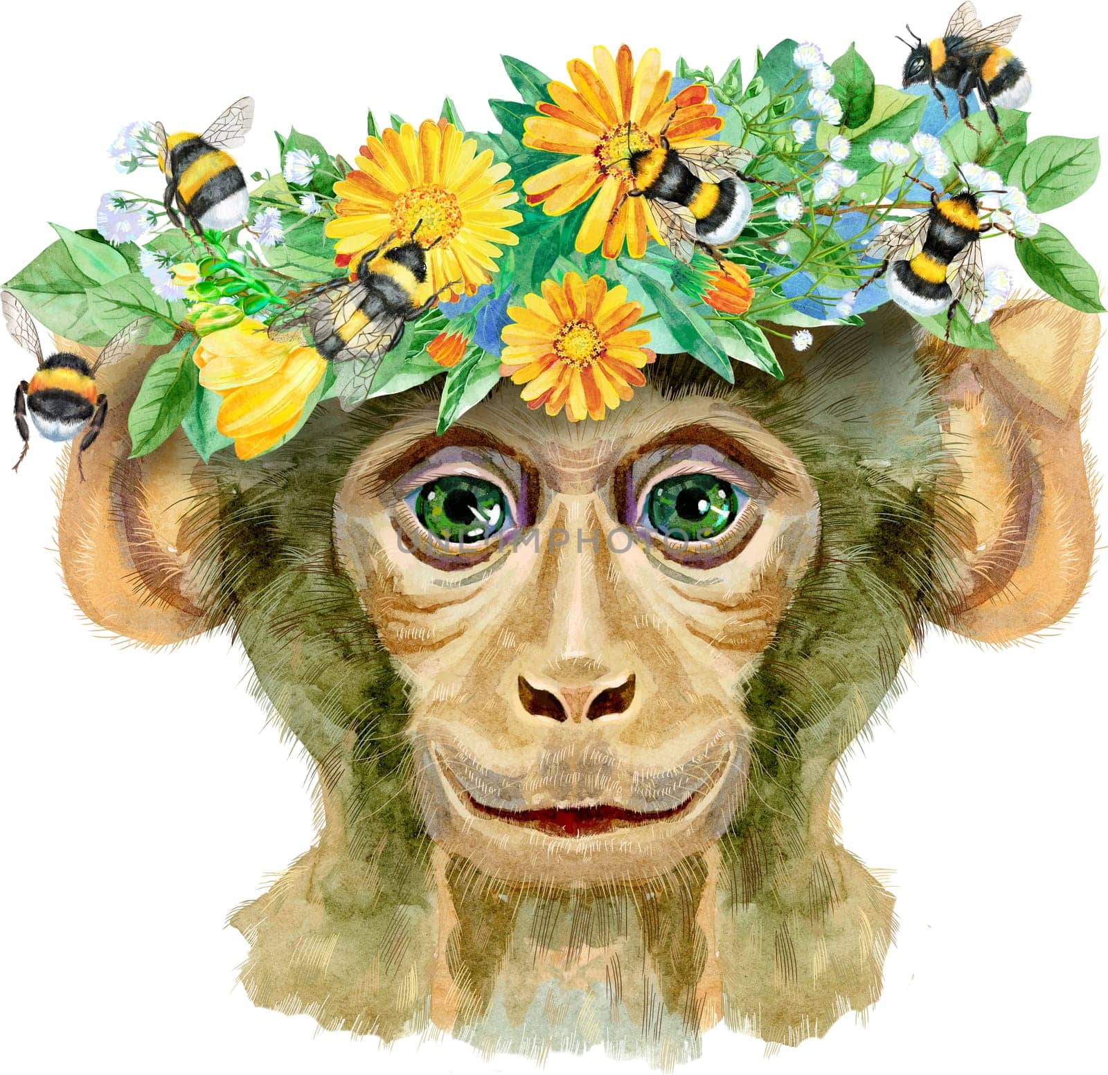 Portrait of a monkey in a wreath of flowers with bumblebees by NataOmsk