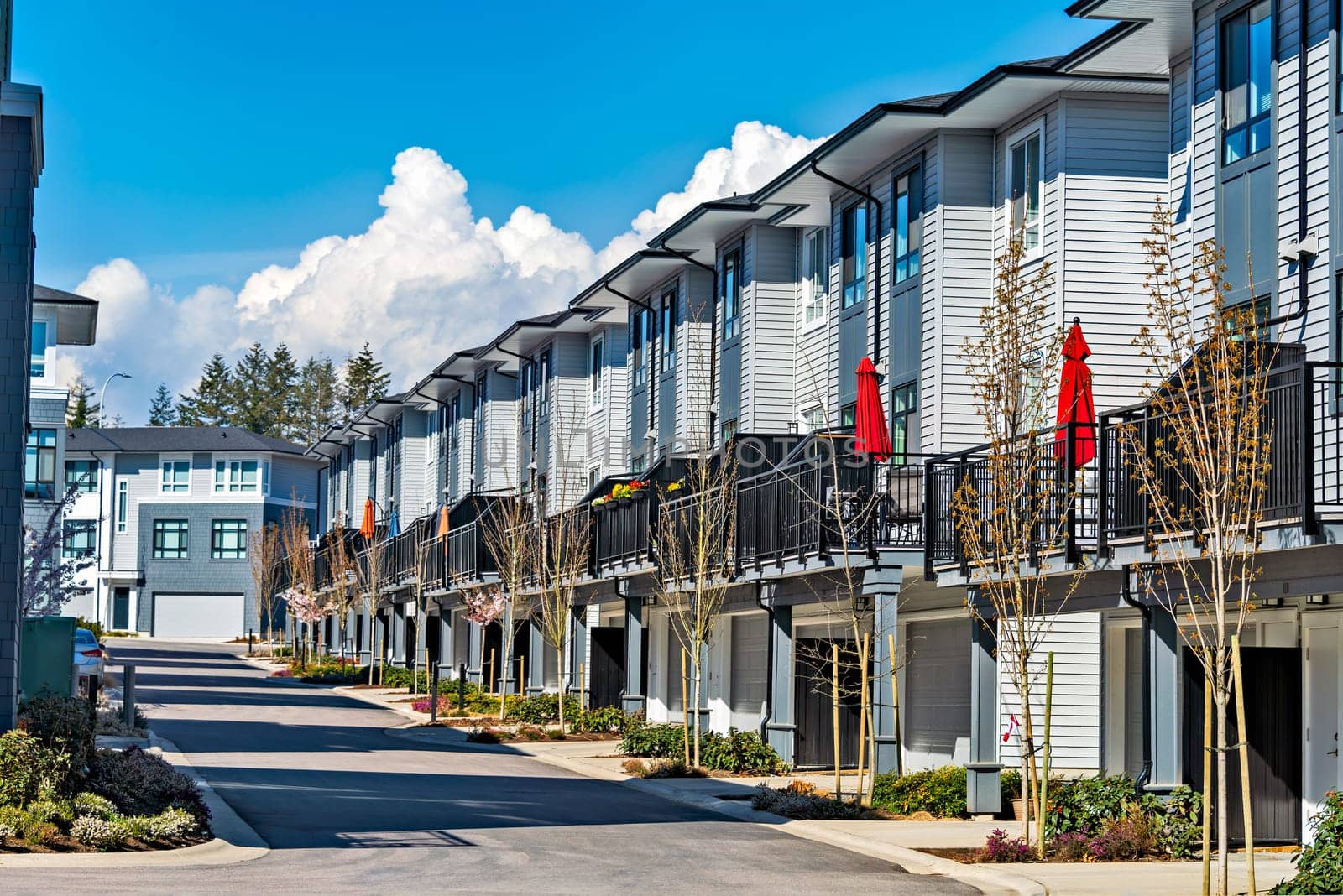 A perfect neighbourhood. Brand new townhouses on spring season in Vancouver, Canada.