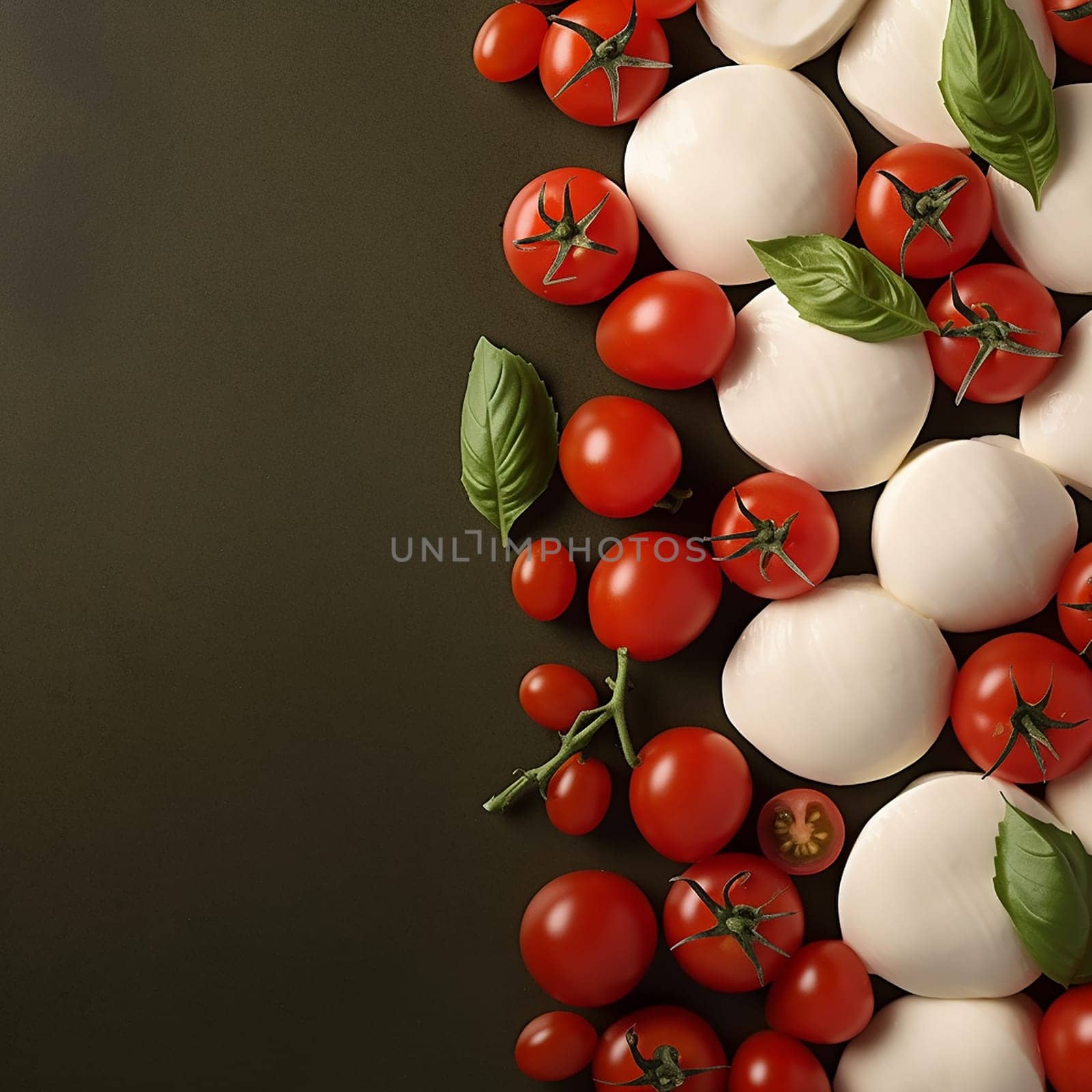 Fresh tomatoes and mozzarella with basil on a dark background.
