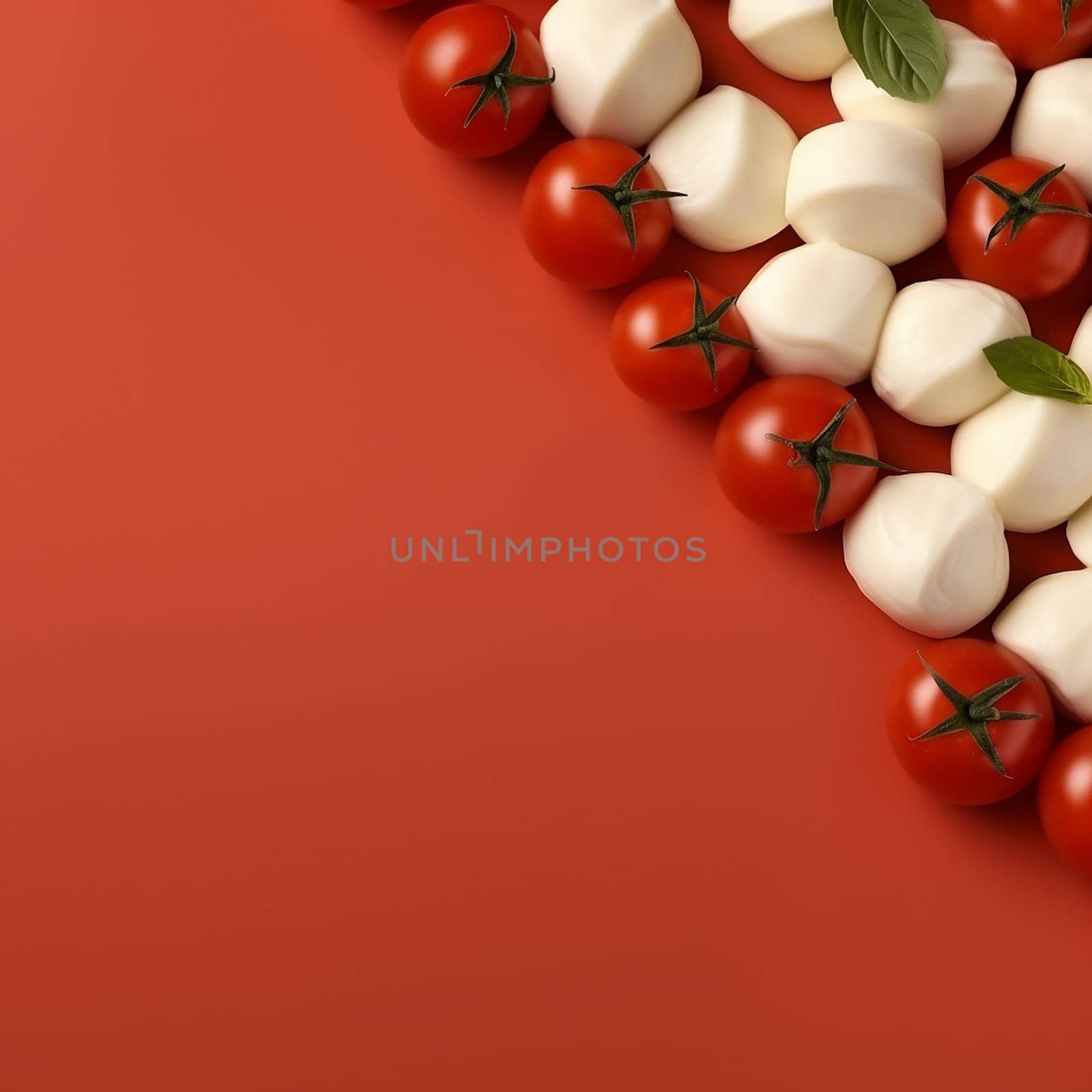 Symmetric pattern of cherry tomatoes and mozzarella with basil on red background