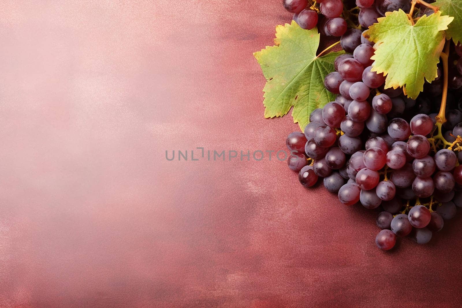 Bunch of fresh grapes with leaves on a textured background.