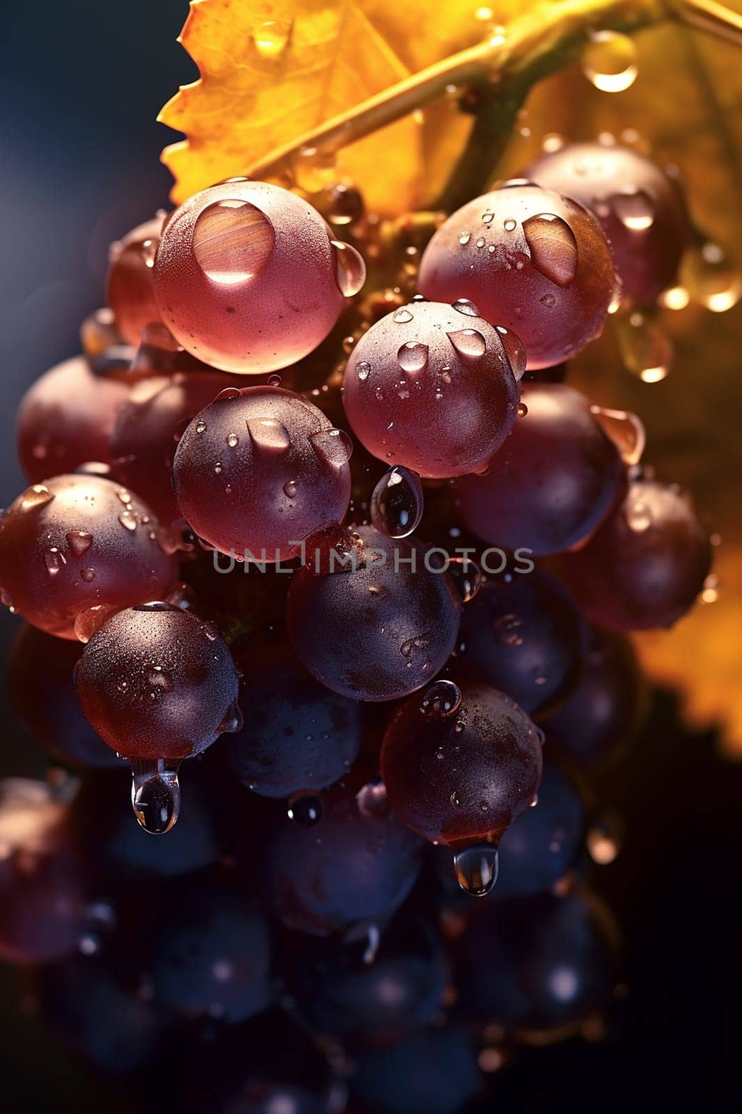 Close-up of ripe grapes with dew drops against a warm bokeh background.