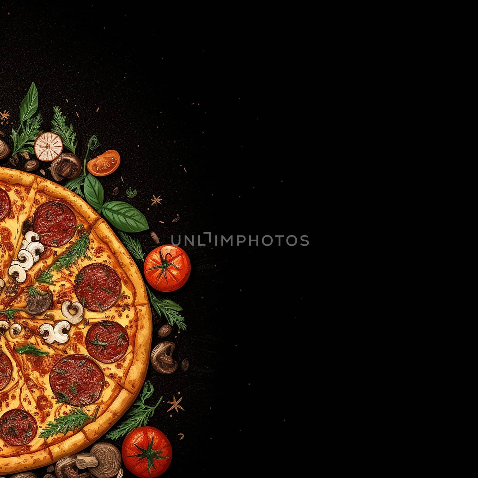 Delicious pepperoni pizza with mushrooms, tomatoes, and herbs on a dark background.