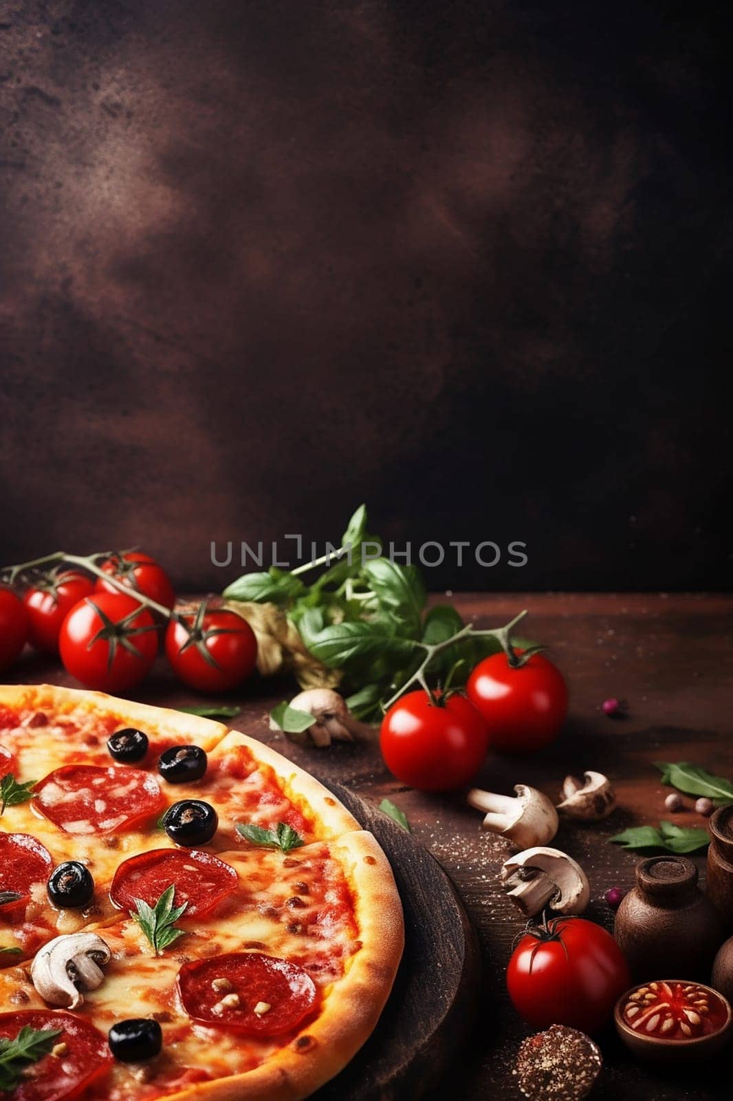 Delicious fresh pizza with tomatoes, cheese, mushrooms, and basil leaves.