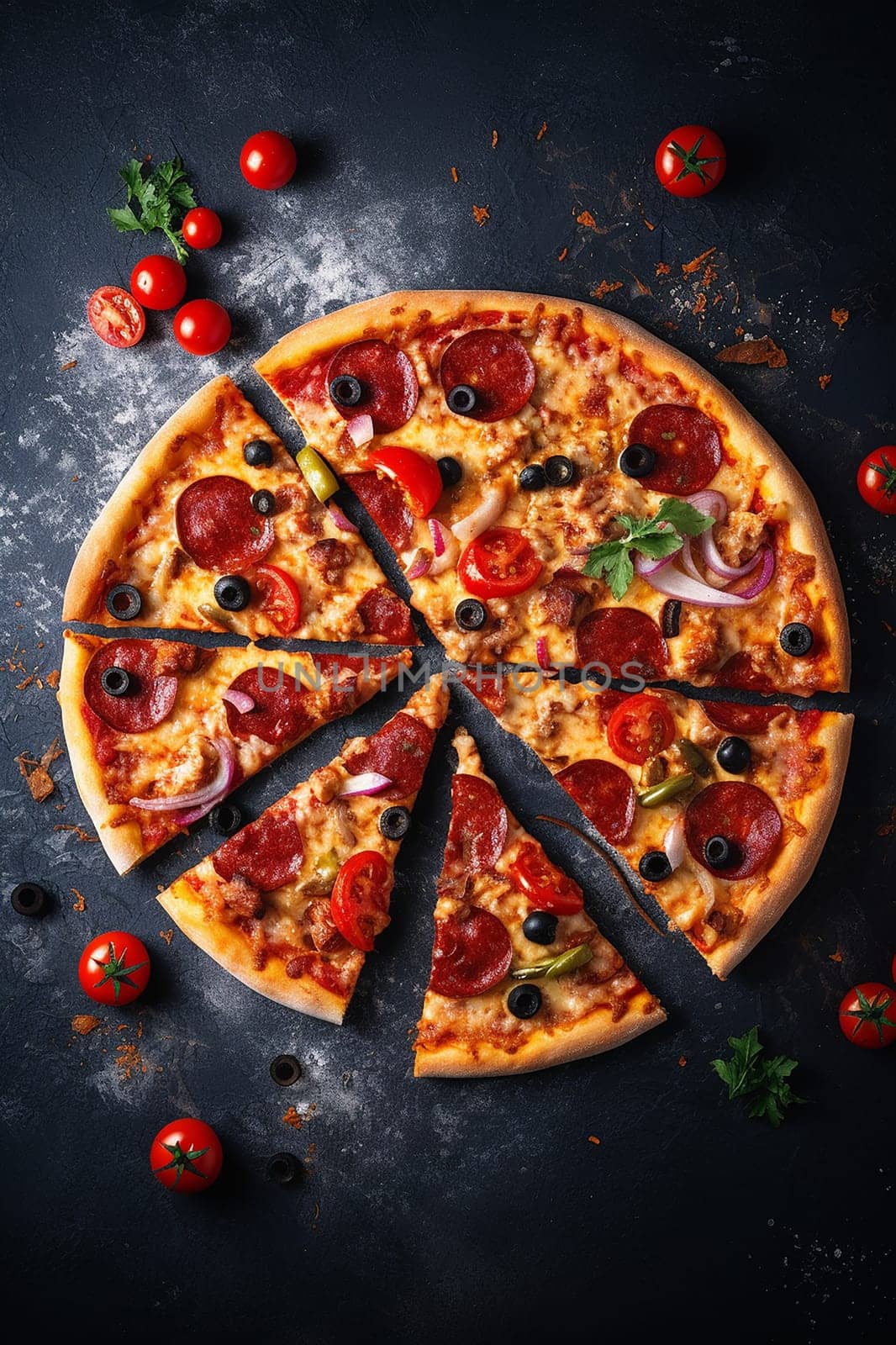Whole pepperoni pizza with olives and tomatoes on dark surface.