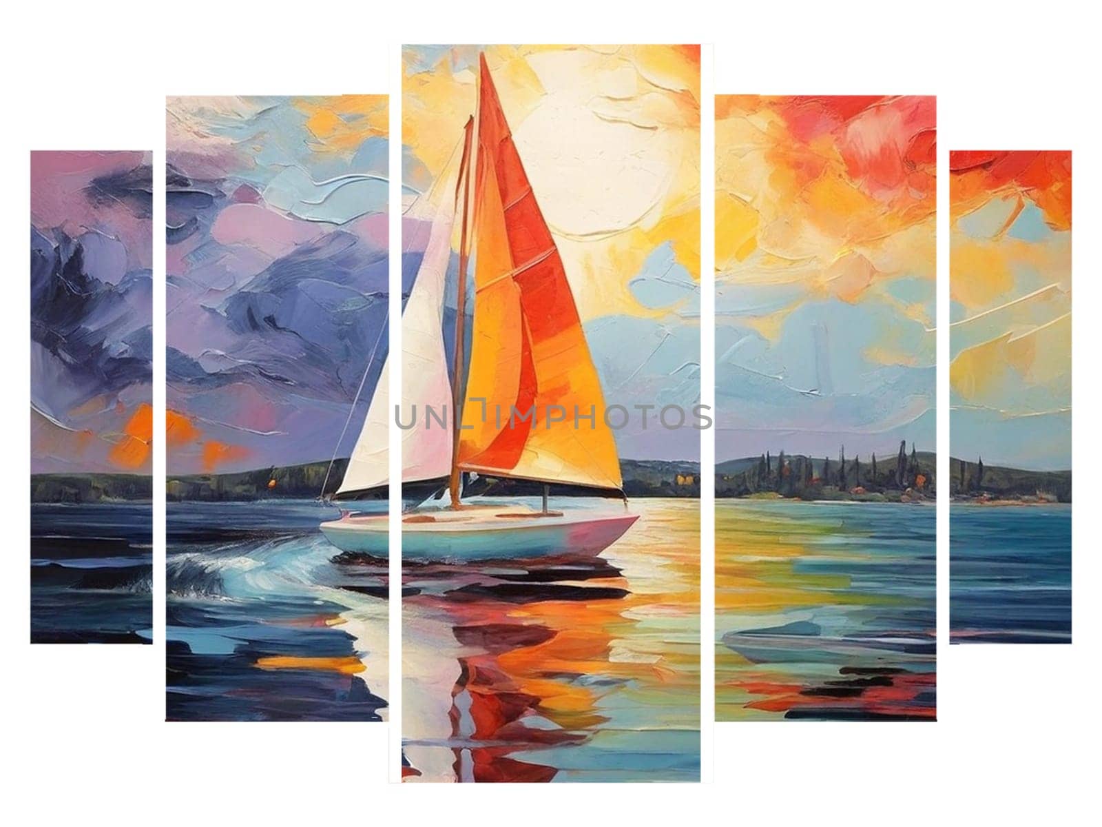 AI generated five panes triptych painting of a boat sailing in early evening sunset. Fauvism style, five panes triptych.