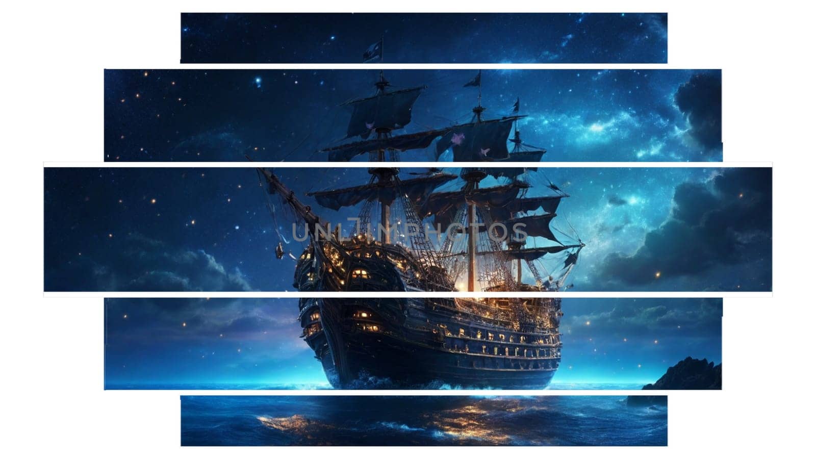 Old sailing ship in the middle of the ocean under the moon light. AI generated five panes triptych