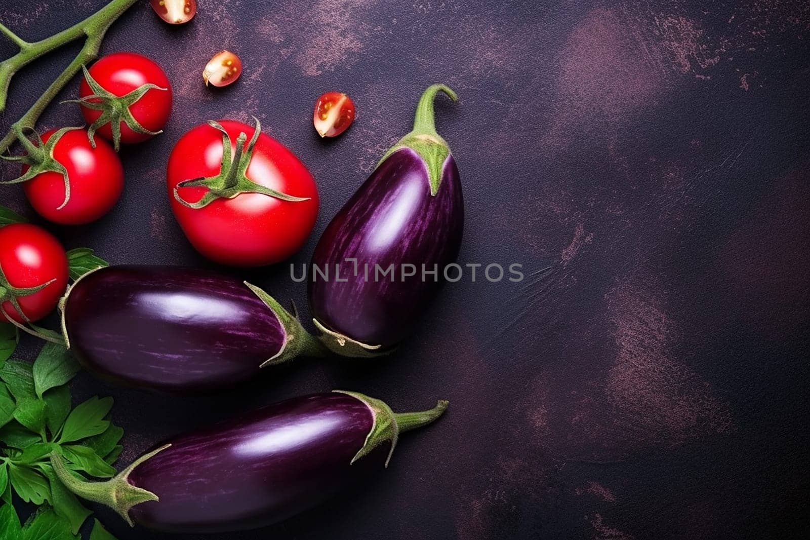 Three fresh eggplants with ripe tomatoes and greenery on a dark textured surface.