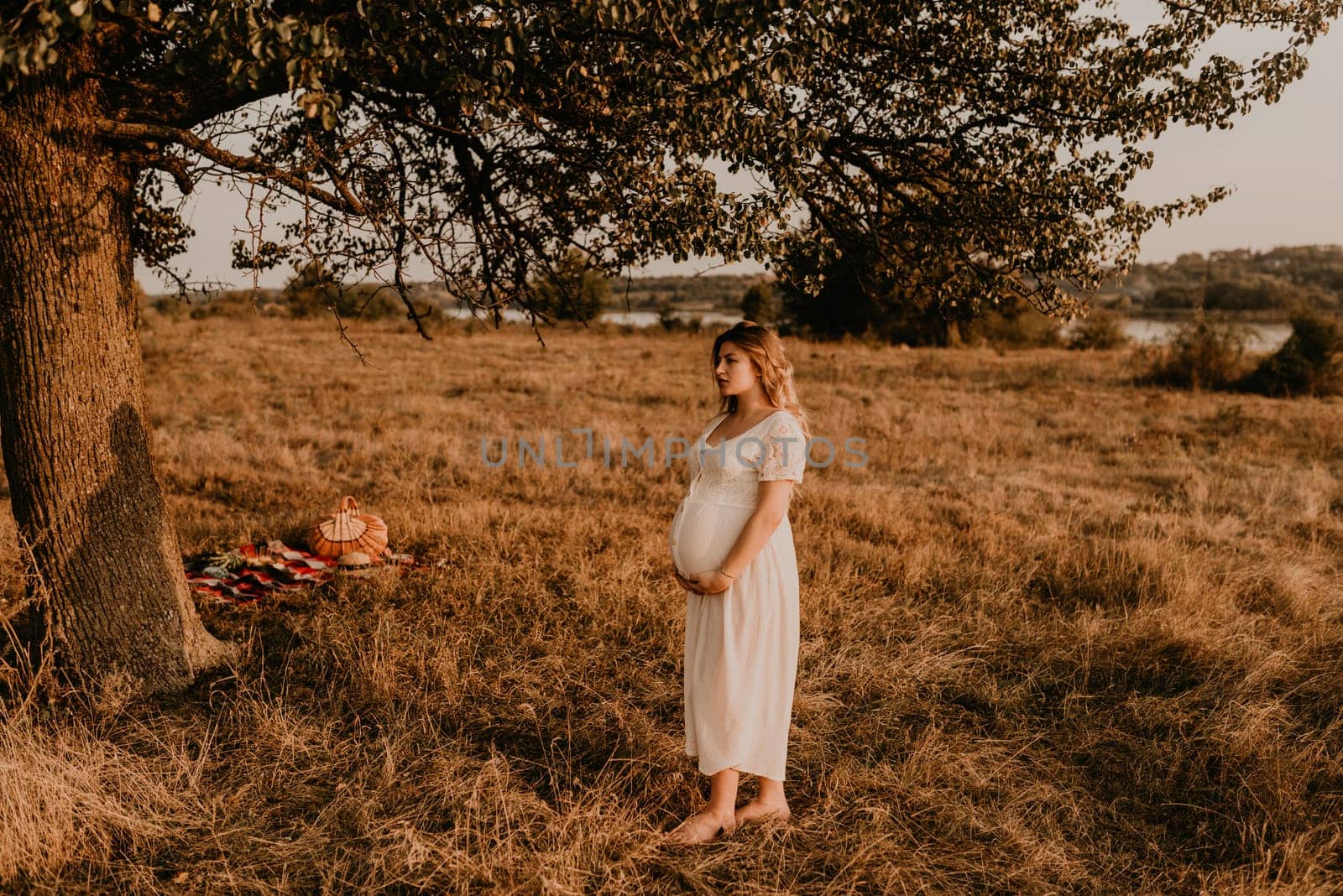 Caucasian pregnant young blonde woman in cotton white linen dress stand walking in meadow on dry grass in summer at sunset in nature. mother-to-be holds her hands on big round belly. shadow on tree