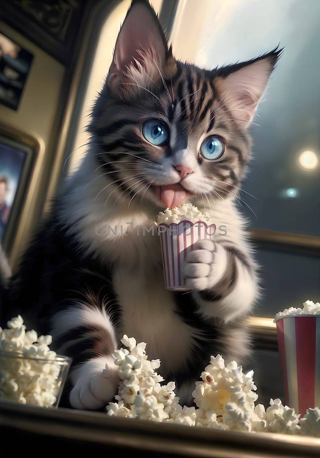 Kitten sprinkled a bucket of popcorn on a blue background. AI generated image.