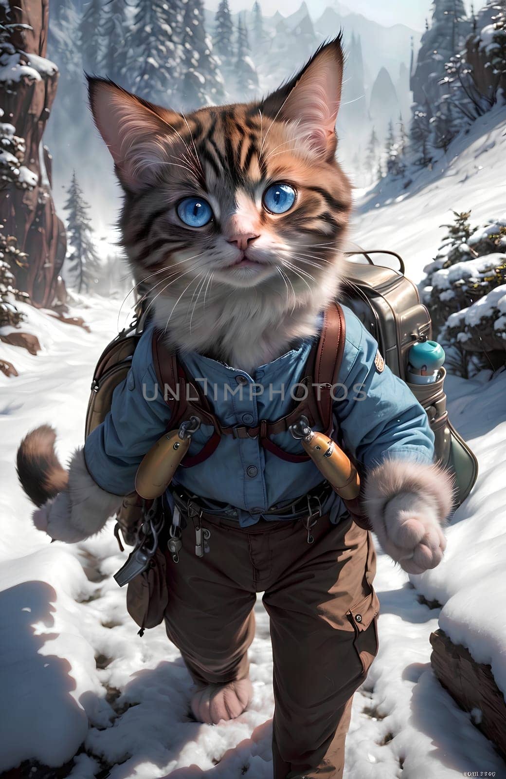 Active cat walks through the mountains, winter vacation, travel. AI generated image.